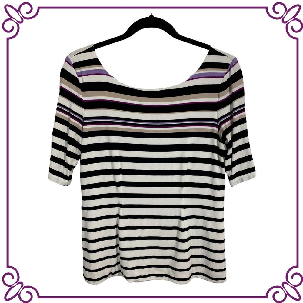 WHBM Striped Short Sleeve Round Neck Stretch Top MEDIUM
